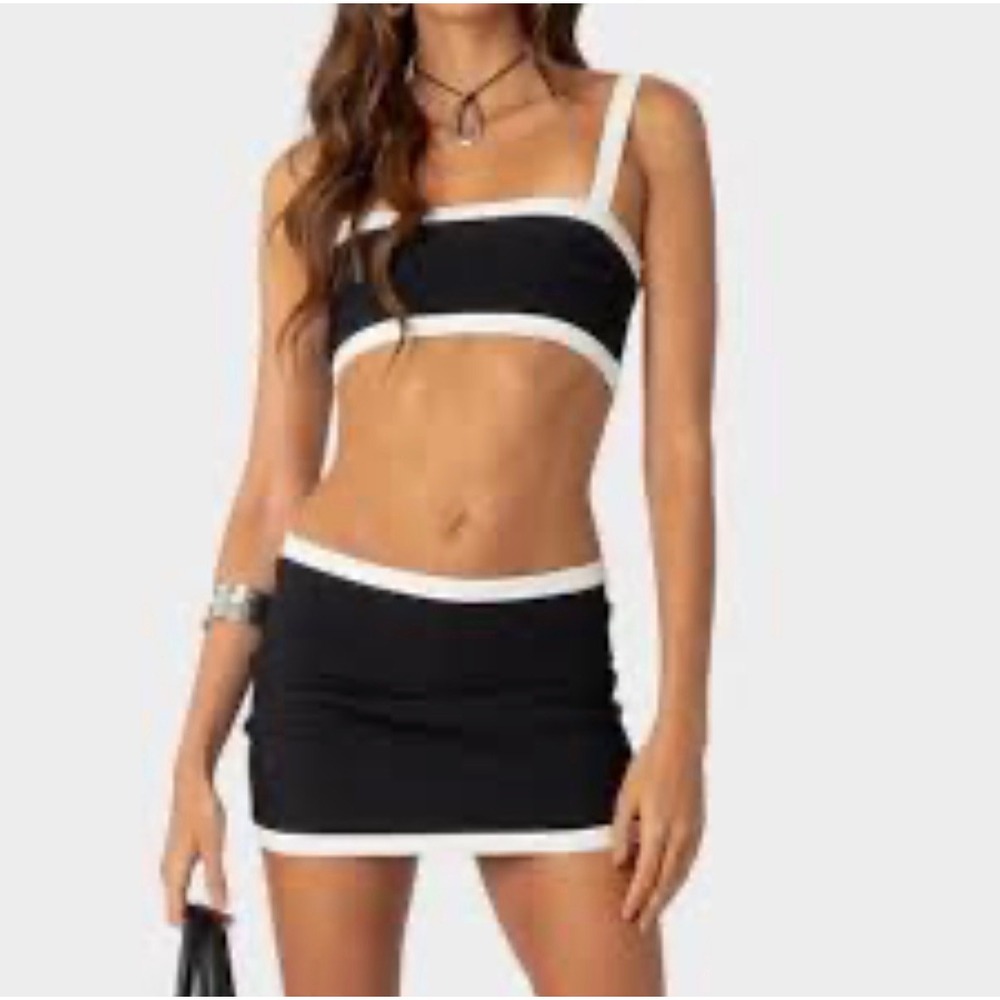 Edikted 2 Piece Set XS/S Black White Ribbed Crop Top Mini Skirt Co-ord NWT